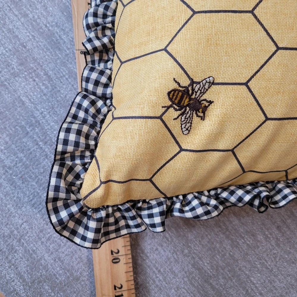 Farmhouse Embroidered Bee Honeycomb Lumbar Throw Pillow Black Gingham Ruffle